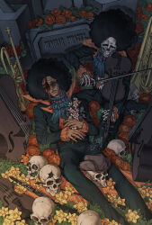 Rule 34 | 2boys, afro, artist name, ascot, big hair, black hair, blood, blood on clothes, blood on face, brook (one piece), closed eyes, commentary, corpse, crying, death, dual persona, english commentary, flower, high collar, highres, holding, holding flower, holding instrument, instrument, jacket, long sleeves, lying, male focus, multiple boys, music, on back, one piece, pants, parted lips, playing instrument, purple flower, red flower, round eyewear, shirt, sitting, skeleton, skull, sunglasses, tears, toboldlymuppet, tombstone, tuba, undead, violin, white flower, yellow flower