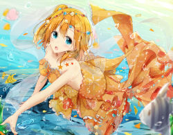 Rule 34 | 10s, 1girl, :o, air bubble, animal, asymmetrical hair, bare arms, bare shoulders, blue eyes, blurry, blush, breasts, bubble, circlet, cleavage, collarbone, day, depth of field, dress, eyebrows, fish, freediving, green ribbon, kosaka honoka, long dress, love live!, love live! school idol festival, love live! school idol project, medium breasts, mermaid, monster girl, open mouth, orange dress, orange hair, outdoors, outstretched arm, ribbon, see-through, shawl, shell hair ornament, shiina kuro, short hair, side ponytail, solo, star (symbol), submerged, tareme, tattoo, underwater, water