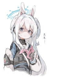 Rule 34 | 1girl, absurdres, animal ears, black gloves, black vest, blue archive, blue sweater, braid, cellphone, closed mouth, commentary, fake animal ears, gloves, halo, headphones, highres, holding, holding phone, kintsuba (garapagosukkk), long hair, looking at viewer, microphone, miyako (blue archive), neckerchief, one side up, phone, pink neckerchief, bulletproof vest, rabbit ears, sailor collar, shaded face, smartphone, smartphone case, solo, sweat, sweater, translated, upper body, vest, white hair, white sailor collar
