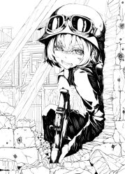 1girl bullet_hole clenched_teeth goggles goggles_on_headwear greyscale gun helmet highres injury looking_at_viewer military_uniform monochrome neichiru official_art rifle ruins short_hair soldier solo tanya_degurechaff teeth unfinished weapon youjo_senki