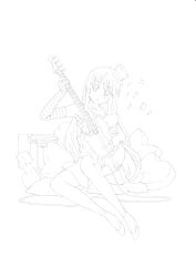 Rule 34 | 00s, 1girl, absurdres, akiyama mio, amplifier, bad id, bad pixiv id, bass guitar, blunt bangs, don&#039;t say &quot;lazy&quot;, dress, facepaint, fingerless gloves, gloves, greyscale, hat, heart, highres, hikaru (pixiv), hime cut, instrument, k-on!, lineart, long hair, mini hat, mini top hat, monochrome, musical note, pillow, sitting, solo, striped, top hat