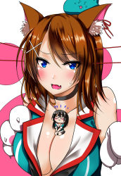 Rule 34 | 10s, 2girls, alternate hair length, alternate hairstyle, animal ears, animal hands, ar (lover boy), bare shoulders, blue eyes, blush, breasts, brown hair, cat ears, choker, choukai (kancolle), cleavage, collarbone, embarrassed, fang, gloves, hair ornament, hairclip, hat, headgear, highres, kantai collection, kemonomimi mode, large breasts, looking at viewer, maya (kancolle), mini person, minigirl, multiple girls, open mouth, paw gloves, red ribbon, remodel (kantai collection), ribbon, school uniform, serafuku, short hair, sleeveless, upper body, white gloves, x hair ornament