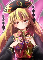 Rule 34 | 1girl, black dress, blonde hair, chinese clothes, dress, hat, highres, junko (touhou), long hair, long sleeves, oshiaki, red eyes, sash, smile, solo, tabard, touhou, wide sleeves