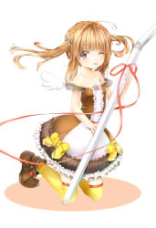 Rule 34 | 1girl, bare shoulders, boots, brown eyes, brown footwear, brown hair, collarbone, drinking straw, highres, kagkfc1z, kneeling, looking at viewer, one eye closed, original, short hair, short twintails, solo, thighhighs, tongue, tongue out, twintails, wings, yellow thighhighs