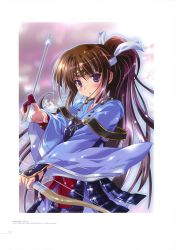 Rule 34 | 1girl, absurdres, arrow (projectile), bandages, brown hair, floating hair, hair ribbon, highres, holding, holding weapon, japanese clothes, komatsu eiji, long hair, original, parted lips, purple eyes, ribbon, shiny skin, solo, standing, very long hair, weapon, white ribbon, yumi (bow)