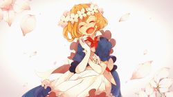 Rule 34 | 1girl, apron, artist request, blonde hair, blue dress, closed eyes, dress, elbow gloves, fang, flower, frilled apron, frills, gloves, happy, hat, head wreath, highres, kana anaberal, open mouth, petals, red neckwear, short hair, simple background, solo, touhou, touhou (pc-98), unworn hat, unworn headwear, white background, white hat