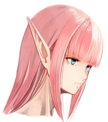 Rule 34 | 1girl, blue eyes, blunt bangs, closed mouth, long hair, original, pink hair, pointy ears, portrait, simple background, solo, straight hair, sushi (sashimise), white background