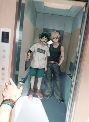 Rule 34 | 2boys, all might, alternate costume, ankle socks, aqua bracelet, aqua shorts, arm at side, baggy pants, bakugou katsuki, bare arms, bare shoulders, belt, black tank top, blonde hair, blurry, boku no hero academia, bracelet, bright pupils, brown belt, cameo, casual, character charm, character name, charm (object), chromatic aberration, closed mouth, clothing request, commentary request, cross-laced footwear, cut (nifuhami 35), depth of field, dutch angle, elevator, elevator door, elevator operator, fingernails, freckles, frown, green eyes, green footwear, green hair, grey pants, hand in pocket, hand on another&#039;s waist, hand up, handrail, highres, jewelry, light, looking at viewer, midoriya izuku, mirror, multiple boys, nail polish, necklace, open door, open mouth, orange bracelet, orange nails, pants, partial commentary, perspective, pov, print shirt, push-button, red eyes, red footwear, reflection, ring, sanpaku, scar, scar on hand, scar on shoulder, seven-segment display, shade, shirt, short hair, short sleeves, shorts, side-by-side, single horizontal stripe, sleeveless, smile, socks, soft focus, spiked hair, standing, sweatdrop, t-shirt, tank top, white pupils, white shirt, wrinkled fabric, yellow socks