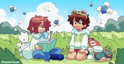 Rule 34 | 1boy, 1other, absurdres, artist self-insert, bag, blue eyes, blue footwear, blue pants, book, boots, brown eyes, brown hair, closed mouth, cloud, creatures (company), crossed legs, cyndaquil, day, full body, game freak, gen 2 pokemon, goggles, goggles on head, grass, hair over one eye, headphones, headphones around neck, highres, holding, holding book, holding pencil, hood, hood down, hoodie, indian style, jumpluff, kneeling, long sleeves, looking at another, magicact, nintendo, outdoors, pants, pencil, pokemon, pokemon (creature), real life insert, red shorts, short hair, shorts, sitting, smile, togetic, white hoodie