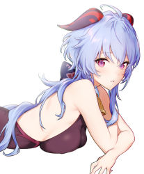 Rule 34 | 1girl, ahoge, backless outfit, bare shoulders, bell, blue hair, breast press, breasts, cleavage, commentary request, cowbell, from side, ganyu (genshin impact), genshin impact, horns, long hair, looking at viewer, lying, medium breasts, neck bell, on stomach, parted lips, purple eyes, saboten, sideboob, simple background, solo, white background