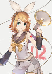 Rule 34 | 1girl, aqua eyes, arm warmers, bare shoulders, black collar, blonde hair, bow, bowtie, cable, character name, collar, commentary, contrapposto, cowboy shot, crop top, fortissimo, hair bow, hair ornament, hairclip, hand up, headphones, highres, holding, holding megaphone, jun wei, kagamine rin, kagamine rin (vocaloid4), looking at viewer, megaphone, nail polish, sailor collar, shirt, short hair, shorts, shoulder tattoo, sleeveless, sleeveless shirt, smile, solo, swept bangs, tattoo, treble clef, v4x, vocaloid, white background, white bow, white shirt, white shorts, yellow bow, yellow bowtie, yellow nails