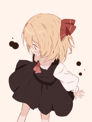Rule 34 | 1girl, absurdres, black skirt, black vest, blonde hair, blush, collared shirt, feet out of frame, hair ribbon, highres, iris-san, long sleeves, parted lips, red ribbon, ribbon, rumia, shirt, short hair, simple background, skirt, solo, touhou, vest, white shirt, yellow background