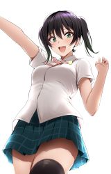 Rule 34 | 1girl, :d, absurdres, arm up, black hair, black thighhighs, blue skirt, blush, breasts, collared shirt, commentary request, cowboy shot, from below, gradient hair, green eyes, green hair, hair between eyes, hand up, highres, kitaku (nakamachi machi), looking at viewer, looking down, love live!, love live! nijigasaki high school idol club, medium breasts, miniskirt, multicolored hair, neck ribbon, nijigasaki school uniform, open mouth, outstretched arm, pink ribbon, plaid, plaid skirt, pleated skirt, ribbon, school uniform, shirt, short hair, short sleeves, simple background, skirt, smile, solo, standing, takasaki yu, teeth, thighhighs, twintails, two-tone hair, upper teeth only, white background, white shirt