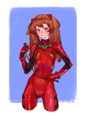 Rule 34 | 1girl, absurdres, blue background, bodysuit, breasts, brown hair, highres, holding, holding whip, interface headset, lips, long hair, looking at viewer, medium breasts, neon genesis evangelion, plugsuit, red bodysuit, shiny clothes, simple background, solo, souryuu asuka langley, standing, twintails, two side up, vsevlez