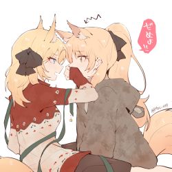 Rule 34 | 2girls, alternate costume, animal ears, arknights, arrow (symbol), aunt and niece, black bow, blemishine (arknights), blonde hair, blue eyes, blush, bow, christmas, christmas sweater, commentary request, covering another&#039;s mouth, eye contact, face-to-face, green ribbon, hair bow, hand over another&#039;s mouth, highres, horse ears, horse tail, incest, kyou 039, long hair, long sleeves, looking at another, mixed-language commentary, multiple girls, ponytail, ribbon, tail, translated, twitter username, whislash (arknights), white background, yellow eyes, yuri