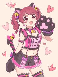 Rule 34 | 1girl, animal ears, animal hands, arm garter, bell, breasts, cat ears, cat paws, cat tail, collarbone, cowboy shot, drill hair, fake animal ears, fake tail, fang, fur-trimmed collar, fur trim, hair bell, hair ornament, hand up, heart, highres, idolmaster, idolmaster cinderella girls, idolmaster cinderella girls starlight stage, looking at viewer, navel, neck bell, open mouth, red eyes, red hair, shiina noriko, shorts, skin fang, small breasts, solo, standing, suspender shorts, suspenders, tail, tail bell, tail ornament, tatsuya (tatuya031200), thighhighs, twin drills
