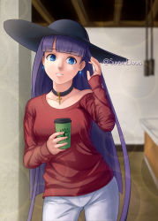 Rule 34 | 1girl, alternate costume, black choker, black hat, blue eyes, blunt bangs, breasts, casual, choker, coffee, coffee cup, collarbone, commentary, contemporary, cross, cup, disposable cup, earrings, english commentary, fate/grand order, fate (series), hat, highres, holding, holding cup, indoors, jewelry, long hair, looking at viewer, martha (fate), martha (swimsuit ruler) (fate), martha (swimsuit ruler) (first ascension) (fate), medium breasts, off shoulder, pants, parted lips, purple hair, red shirt, shirt, single bare shoulder, smile, solo, standing, sun hat, sunbandraws, twitter username, very long hair, white pants