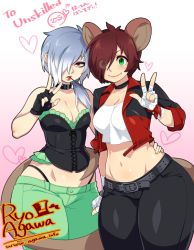 Rule 34 | &gt;:), 2girls, agawa ryou, amemiya tamayo, animal ears, artist name, bad id, bad tumblr id, bandaged hand, bandages, bare shoulders, belt, borrowed character, breasts, brown eyes, brown hair, character request, choker, cleavage, commentary request, corset, curvy, facial hair, fingerless gloves, gloves, gradient background, green eyes, hair over one eye, heart, jacket, lips, lipstick, looking at viewer, makeup, medium breasts, midriff, mouse ears, mouse girl, mouse tail, mouth hold, multicolored hair, multiple girls, mustache, navel, original, parted lips, short hair, silver hair, smile, tail, thick thighs, thighs, two-tone hair, v, v-shaped eyebrows, watermark, web address, wide hips