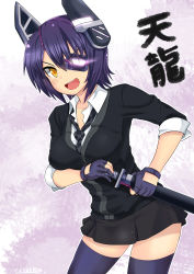 Rule 34 | 10s, 1girl, breasts, checkered clothes, checkered necktie, checkered neckwear, eyepatch, fingerless gloves, gloves, headgear, highres, kantai collection, looking at viewer, mint (cerbi), necktie, open mouth, purple hair, short hair, solo, sword, tenryuu (kancolle), thighhighs, weapon, yellow eyes