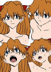 Rule 34 | 1girl, absurdres, blue eyes, brown hair, expressionless, eywy4324, highres, long hair, looking at viewer, multiple views, neon genesis evangelion, nude, solo, souryuu asuka langley, sweat, upper body, white background