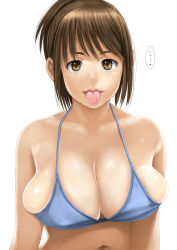Rule 34 | 1girl, :p, bare shoulders, bikini, blue bikini, breasts, brown eyes, brown hair, bursting breasts, female focus, kago (lelien7), large breasts, looking at viewer, navel, original, saliva, shiny skin, short hair, simple background, solo, swimsuit, tongue, tongue out, translation request, upper body, white background