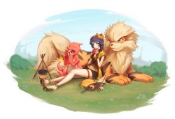 Rule 34 | 1girl, alternate costume, ankle ribbon, apple, arcanine, bag, beanie, blue hair, braid, brown shorts, campfire, charmeleon, chinese clothes, creatures (company), crossover, eating, fingerless gloves, fire, flame-tipped tail, food, fruit, full body, game freak, gen 1 pokemon, genshin impact, geta, gloves, grass, handbag, hat, highres, holding, holding food, holding fruit, leg ribbon, looking ahead, midriff, nintendo, on ground, poke ball, pokemon, pokemon (creature), pot, ribbon, short hair, shorts, sitting, spica (starlitworks), thigh strap, transparent background, xiangling (genshin impact), yellow bag, yellow eyes
