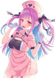Rule 34 | 1girl, absurdres, ahoge, bandaid, bandaid on neck, blue hair, blunt bangs, blush, breasts, buttons, colored inner hair, contrapposto, cowboy shot, cropped shirt, facial mark, fangs, garter straps, gloves, hair ornament, hair ribbon, hairclip, high-waist skirt, highres, hololive, kage (ka 9e 4su), large breasts, long hair, looking at viewer, maid headdress, minato aqua, miniskirt, multicolored hair, nurse, pink garter straps, pink shirt, puffy short sleeves, puffy sleeves, purple eyes, purple hair, ribbon, sharp tongue, shirt, short sleeves, side slit, simple background, skirt, solo, streaked hair, tongue, tongue out, triangle hair ornament, two side up, underbust, virtual youtuber, w arms, white background, white gloves
