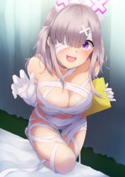 Rule 34 | 1girl, absurdres, bad id, bad pixiv id, bandage over one eye, bandages, bare shoulders, bed sheet, breasts, cleavage, curtains, fangs, gloves, hair ornament, hair over one eye, hat, highres, indoors, large breasts, leaning forward, long hair, looking at viewer, mole, mole under eye, naked bandage, nijisanji, nurse cap, open mouth, purple eyes, shirayuiii, shoes, silver hair, smile, solo, sukoya kana, thigh gap, two side up, virtual youtuber, white footwear, white gloves, white hat, x hair ornament