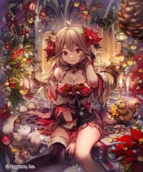 Rule 34 | 10s, 1girl, adjusting hair, arch, asymmetrical clothes, bare shoulders, bauble, between legs, blonde hair, breasts, christmas ornaments, cleavage, cygames, female focus, gloves, hand between legs, highres, large breasts, lee hyeseung, long hair, looking at viewer, miniskirt, official art, plumeria (shingeki no bahamut), red eyes, shingeki no bahamut, single thighhigh, sitting, skirt, smile, solo, squirrel, thighhighs