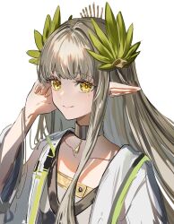 Rule 34 | 1girl, arknights, black choker, choker, closed mouth, collarbone, gawako, grey hair, grey shirt, hand in own hair, hand up, highres, jacket, laurel crown, long bangs, long hair, looking at viewer, muelsyse (arknights), off-shoulder shirt, off shoulder, open clothes, open jacket, portrait, shirt, sidelocks, simple background, smile, solo, white background, white jacket, yellow eyes