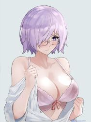 Rule 34 | 1girl, bare shoulders, black-framed eyewear, blush, bra, breasts, cleavage, fate/grand order, fate (series), glasses, hair over one eye, large breasts, light purple hair, lingerie, mash kyrielight, open clothes, open shirt, pink bra, purple eyes, ribbon, short hair, solo, tommy (kingdukeee), underwear, undressing, upper body