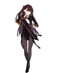 Rule 34 | 1girl, blush, girls&#039; frontline, gloves, gun, highres, long hair, necktie, open mouth, pantyhose, ponytail, purple hair, red eyes, rifle, sniper rifle, solo, standing, tongue, wa2000 (girls&#039; frontline), weapon, white background