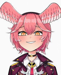 Rule 34 | 1girl, absurdres, bad id, bad pixiv id, choker, commentary request, crosshair pupils, eyelashes, hair between eyes, hairband, head wings, heart, heart-shaped pupils, highres, hololive, jacket, odoc, orange eyes, pink hair, portrait, purple jacket, short hair, smile, solo, symbol-shaped pupils, takane lui, takane lui (1st costume), virtual youtuber, wings