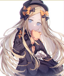 Rule 34 | 1girl, abigail williams (fate), absurdres, black bow, black dress, black hat, blonde hair, blue eyes, bow, closed mouth, commentary request, deep (deep4946), dress, fate/grand order, fate (series), forehead, hair bow, hat, highres, hugging object, long hair, long sleeves, looking at viewer, orange bow, parted bangs, polka dot, polka dot bow, sleeves past fingers, sleeves past wrists, smile, solo, stuffed animal, stuffed toy, teddy bear, very long hair, white background