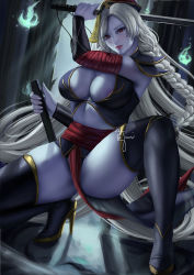 Rule 34 | 1girl, arm up, black headwear, black thighhighs, blonde hair, boots, braid, breasts, cleavage, closed mouth, fire, forest, green fire, high heel boots, high heels, holding, holding sheath, holding sword, holding weapon, katana, large breasts, long hair, looking at viewer, nature, night, ofuda, ofuda on head, original, parted bangs, pelvic curtain, red eyes, red lips, revealing clothes, sheath, signature, single braid, solo, squatting, sword, thigh boots, thighhighs, tree, weapon, wei (promise 0820), will-o&#039;-the-wisp (mythology)
