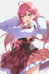 Rule 34 | 1girl, :d, absurdres, ahoge, breasts, commentary, green eyes, grey background, hair ornament, highres, hololive, large breasts, long hair, long sleeves, looking at viewer, open mouth, pink hair, plaid, plaid skirt, red skirt, reulem, sakura miko, sakura miko (casual), shirt, simple background, skirt, smile, solo, teeth, twintails, upper teeth only, virtual youtuber, white shirt