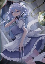 Rule 34 | 1girl, apron, blue eyes, bow, braid, closed mouth, commentary, curtains, dutch angle, feet out of frame, frilled apron, frilled skirt, frills, from side, green bow, green ribbon, grey hair, grey skirt, grey vest, hair bow, highres, holding, holding knife, indoors, izayoi sakuya, knife, looking at viewer, maid, maid apron, maid headdress, medium hair, moon, murumuru (pixiv51689952), neck ribbon, night, pocket watch, puffy short sleeves, puffy sleeves, ribbon, shirt, short sleeves, skirt, solo, throwing knife, touhou, twin braids, vest, watch, weapon, white apron, white hair, white shirt, window