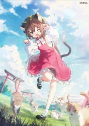 Rule 34 | 1girl, animal, animal ear fluff, animal ears, black footwear, blush, brown eyes, brown hair, cat, cat ears, cat tail, chen, cloud, cloudy sky, copyright name, copyright notice, day, dress, fingernails, green hat, hair between eyes, hat, highres, long fingernails, long sleeves, mob cap, multiple tails, nail polish, one eye closed, open mouth, red dress, red nails, sharp fingernails, shirt, shnva, shoes, short hair, sky, smile, socks, solo, tail, torii, touhou, two tails, white shirt, white socks