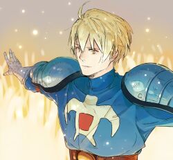 Rule 34 | 1boy, ahoge, armor, belt, blonde hair, final fantasy, final fantasy tactics, fire, gauntlets, highres, male focus, nini tw99, outstretched arms, ramza beoulve, shoulder armor, solo, yellow eyes