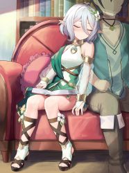 Rule 34 | 1boy, 1girl, absurdres, antenna hair, bare legs, bookshelf, boots, bridal gauntlets, closed eyes, couch, detached sleeves, dress, elf, flower, gladiator sandals, green dress, hair between eyes, hair flower, hair ornament, highres, indoors, kokkoro (princess connect!), leaning on person, long sleeves, mochirong, pointy ears, princess connect!, puffy long sleeves, puffy sleeves, sandals, see-through, see-through sleeves, silver hair, sleeping, sleeping on person, sleeping upright, sleeveless, sleeveless dress, sweatdrop, toeless footwear, white flower, wooden floor, yuuki (princess connect!)