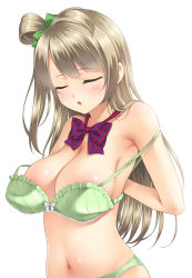 Rule 34 | 10s, 1girl, adjusting bra, adjusting clothes, blush, bow, bow bra, bowtie, bra, bra pull, breasts, brown hair, cleavage, closed eyes, clothes pull, female focus, frilled bra, frills, green bra, green panties, hair ribbon, highres, lace, lace-trimmed bra, lace-trimmed panties, lace trim, long hair, love live!, love live! school idol project, minami kotori, navel, open mouth, panties, ren san, ribbon, side ponytail, simple background, solo, strap slip, striped bow, striped bowtie, striped clothes, underwear, underwear only, undressing, white background