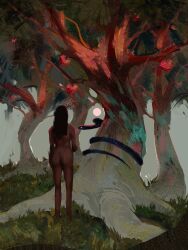 Rule 34 | 1girl, absurdres, ass, brown hair, commentary, completely nude, dark-skinned female, dark skin, english commentary, eve (mythology), food, from behind, fruit, grass, highres, nude, serpent (bible), snake, the bible, tree, wolfythewitch