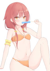 Rule 34 | 1girl, bare legs, bare shoulders, bikini, bow, breasts, brown bikini, brown eyes, brown hair, collarbone, feet out of frame, food, hair bow, hair over shoulder, highres, holding, holding food, knee up, long hair, low twintails, nail polish, navel, o-ring, o-ring bikini, o-ring bottom, o-ring top, original, pink nails, popsicle, roido (taniko-t-1218), simple background, small breasts, solo, swimsuit, twintails, white background, yellow bow