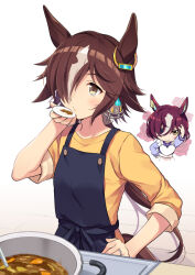 Rule 34 | 2girls, animal ears, apron, black apron, brown eyes, brown hair, casual, closed mouth, commentary request, cooking, eyepatch, food, hair over one eye, holding, horse ears, horse girl, jewelry, long sleeves, multiple girls, odawara hakone, ponytail, purple shirt, revision, ring, school uniform, shirt, short hair, simple background, sleeves rolled up, smile, tanino gimlet (umamusume), tracen school uniform, umamusume, vodka (umamusume), wedding ring, white apron, white background, yellow eyes, yellow shirt
