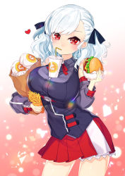 Rule 34 | 1girl, asymmetrical bangs, bag, black vest, braid, breasts, burger, contrapposto, cowboy shot, detached sleeves, food, french fries, girls&#039; frontline, hair ribbon, heart, highres, holding, holding food, jjickjjicke, large breasts, looking at viewer, medium hair, object on breast, paper bag, pleated skirt, red eyes, red skirt, ribbon, skirt, solo, spas-12 (girls&#039; frontline), twintails, vest, white hair