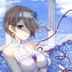 Rule 34 | 1girl, :d, bare shoulders, blue flower, blue rose, blue sky, bride, brown hair, cen (cenll), character name, cloud, cloudy sky, dress, earrings, flower, hair flower, hair ornament, hair over one eye, happy birthday, highres, honkai (series), honkai impact 3rd, jewelry, looking at viewer, mole, mole under eye, open mouth, outdoors, purple eyes, rita rossweisse, rita rossweisse (artemis), rose, short hair, sky, sleeveless, sleeveless dress, smile, solo, white dress