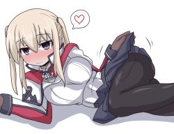 Rule 34 | 1girl, black pantyhose, black skirt, blonde hair, breasts, brown gloves, capelet, gloves, graf zeppelin (kancolle), grey eyes, heart, highres, kantai collection, large breasts, looking at viewer, lying, on side, pantyhose, pleated skirt, shirt, sidelocks, simple background, skirt, solo, spoken heart, twintails, white background, white shirt, yuuki shishin