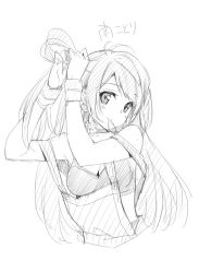 Rule 34 | 10s, 1girl, adjusting hair, blush, breasts, character name, greyscale, kani biimu, long hair, looking at viewer, love live!, love live! school idol project, medium breasts, minami kotori, monochrome, mouth hold, natsuiro egao de 1 2 jump!, simple background, sketch, smile, solo, tying hair, white background