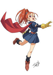 Rule 34 | 1girl, barbara (dq6), belt, boots, brown footwear, cape, commentary request, dragon quest, dragon quest vi, dress, earrings, gloves, high ponytail, jewelry, long hair, open mouth, orange hair, pink eyes, ponytail, smile, solo, tyuga, white background, yellow gloves