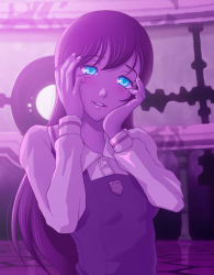 Rule 34 | 00s, 1girl, blue eyes, f-fact, hands on own cheeks, hands on own face, long hair, pink theme, solo, spot color, true tears, upper body, yandere trance, yuasa hiromi